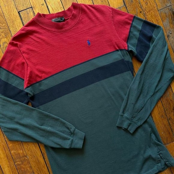 Vintage 80s Polo by Ralph‎ Lauren Made USA Men Red Green Navy Long Sleeve Shirt - Picture 2 of 7
